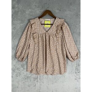 Periwinkle Collection Blouse Womens Sz M‎ Taupe Floral Ruffle 3/4 Sleeve Peasant